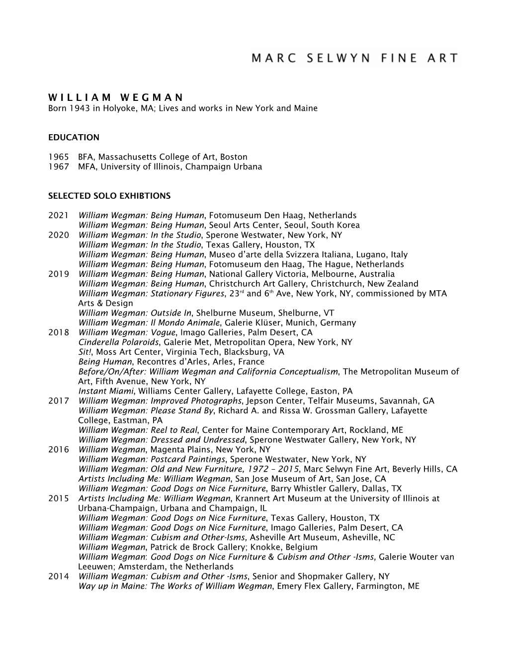 William Wegman CV