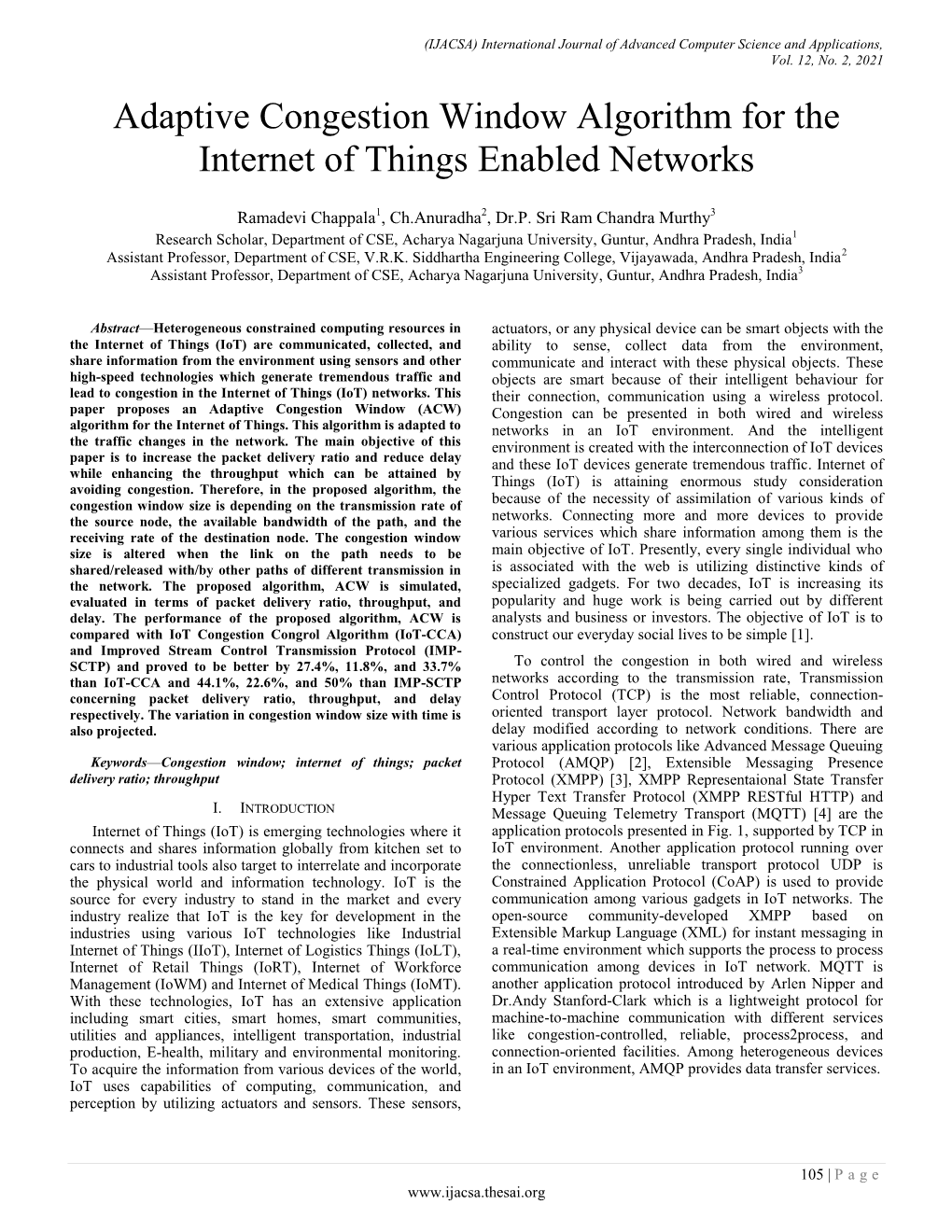 Adaptive Congestion Window Algorithm for the Internet of Things Enabled Networks