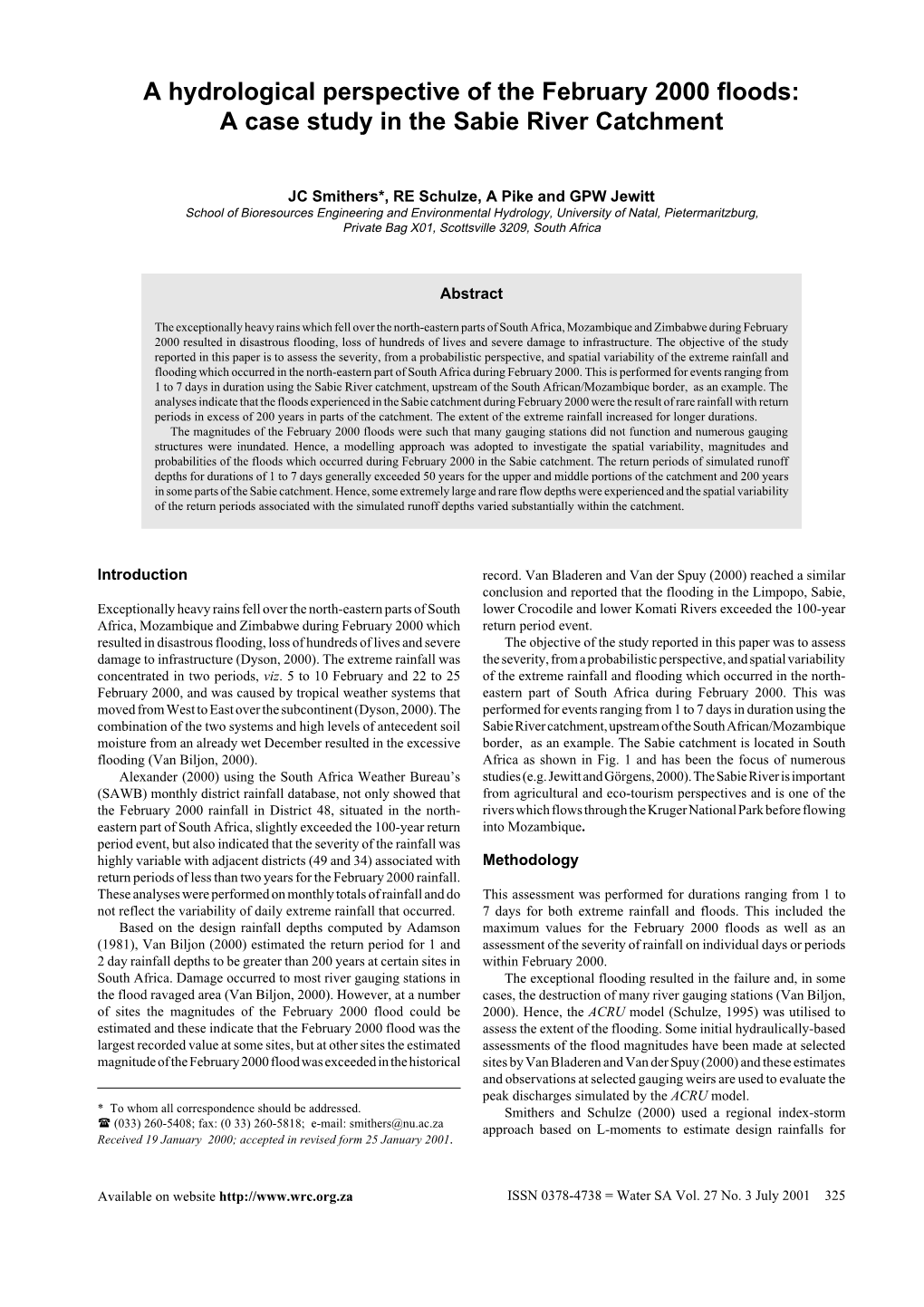 A Hydrological Perspective of the February 2000 Floods: a Case Study in the Sabie River Catchment