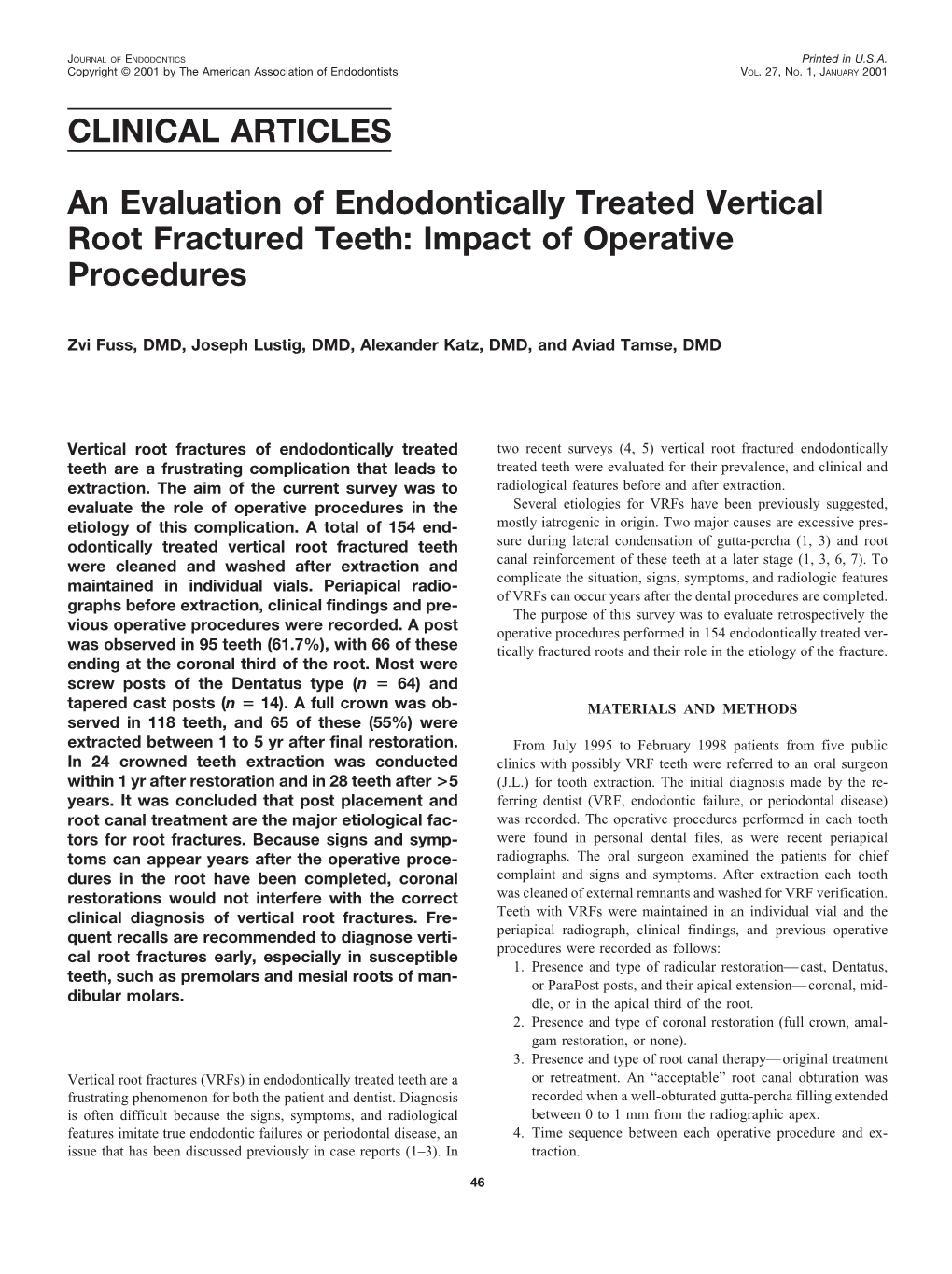 CLINICAL ARTICLES an Evaluation of Endodontically Treated Vertical