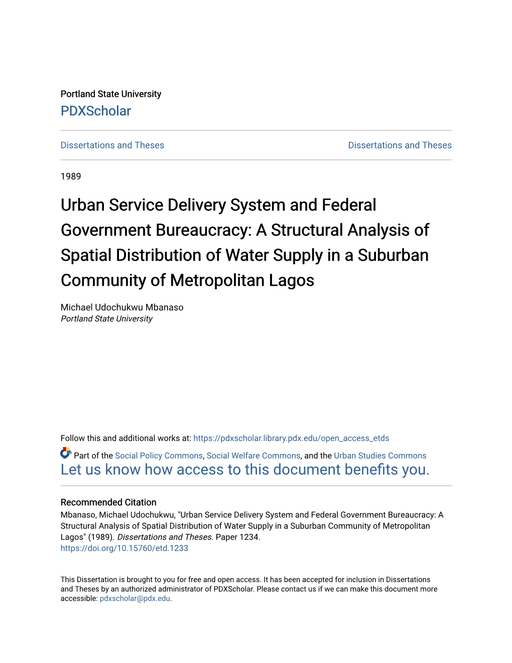 Urban Service Delivery System and Federal Government