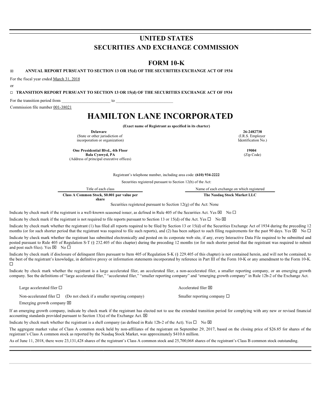 HAMILTON LANE INCORPORATED (Exact Name of Registrant As Specified in Its Charter) Delaware 26-2482738 (State Or Other Jurisdiction of (I.R.S