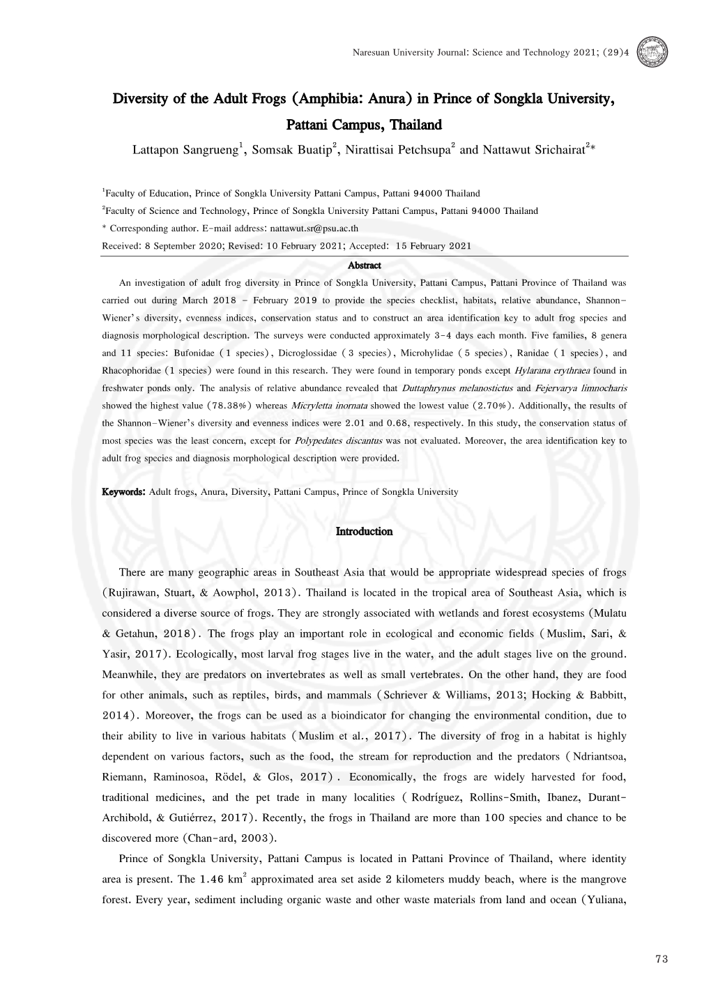 Diversity of the Adult Frogs (Amphibia: Anura) in Prince of Songkla University, Removal of Tartrazine from Aqueous Solutions Using Hen Feathers