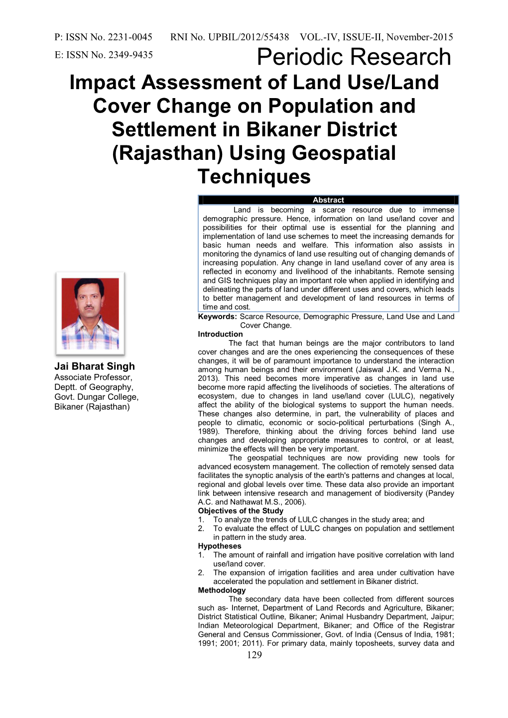 Impact Assessment of Land Use/Land Cover Change on Population and Settlement in Bikaner District (Rajasthan) Using Geospatial Techniques