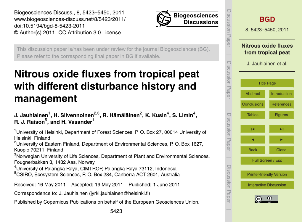 Nitrous Oxide Fluxes from Tropical Peat