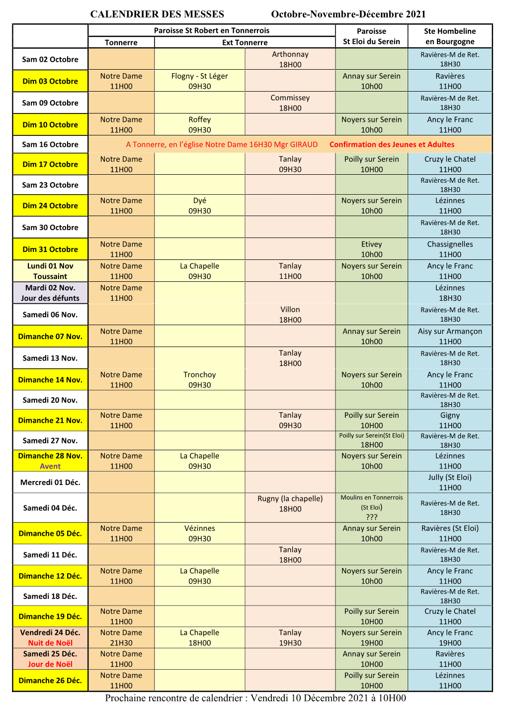 CALENDRIER DES MESSES Juillet-Août-Septembre 2021