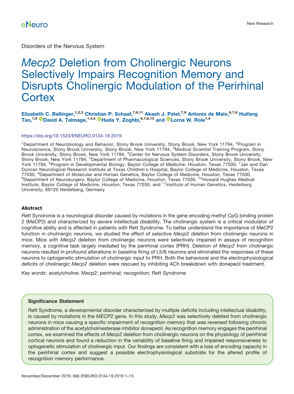 Mecp2 Deletion from Cholinergic Neurons Selectively Impairs Recognition Memory and Disrupts Cholinergic Modulation of the Perirhinal Cortex