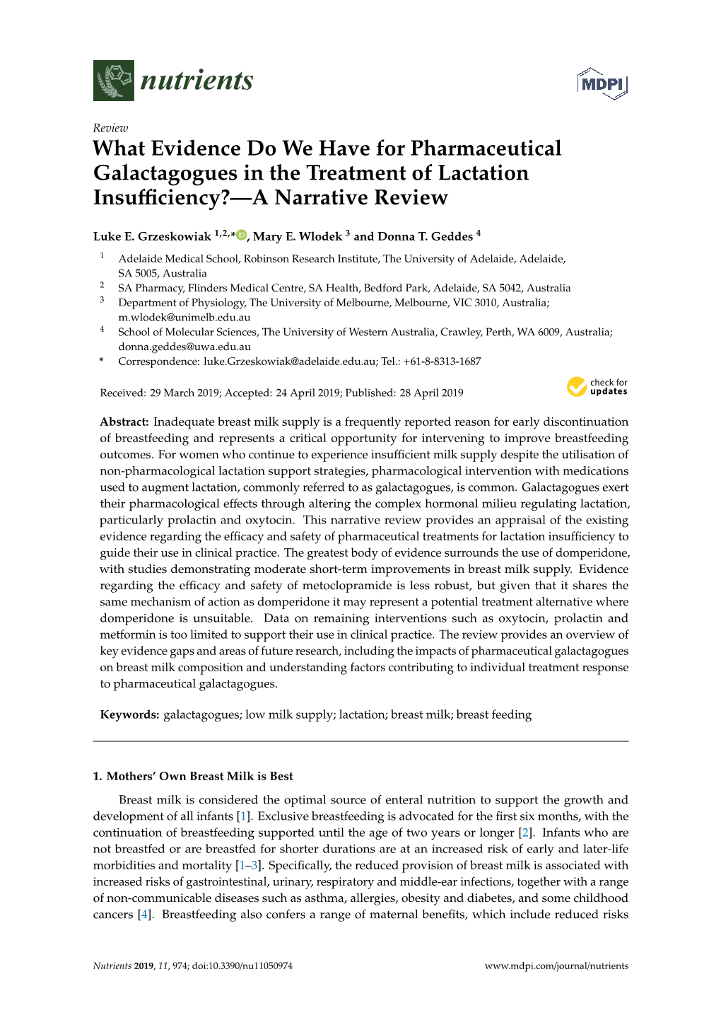 What Evidence Do We Have for Pharmaceutical Galactagogues in the Treatment of Lactation Insuﬃciency?—A Narrative Review