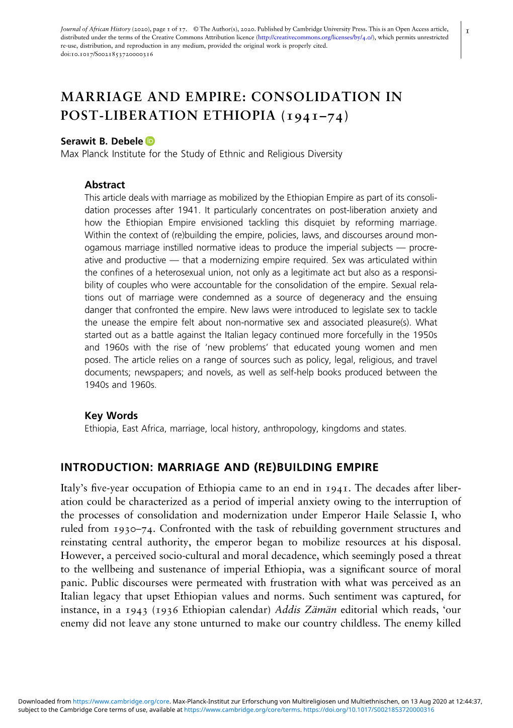 Marriage and Empire: Consolidation in Post-Liberation Ethiopia (–)
