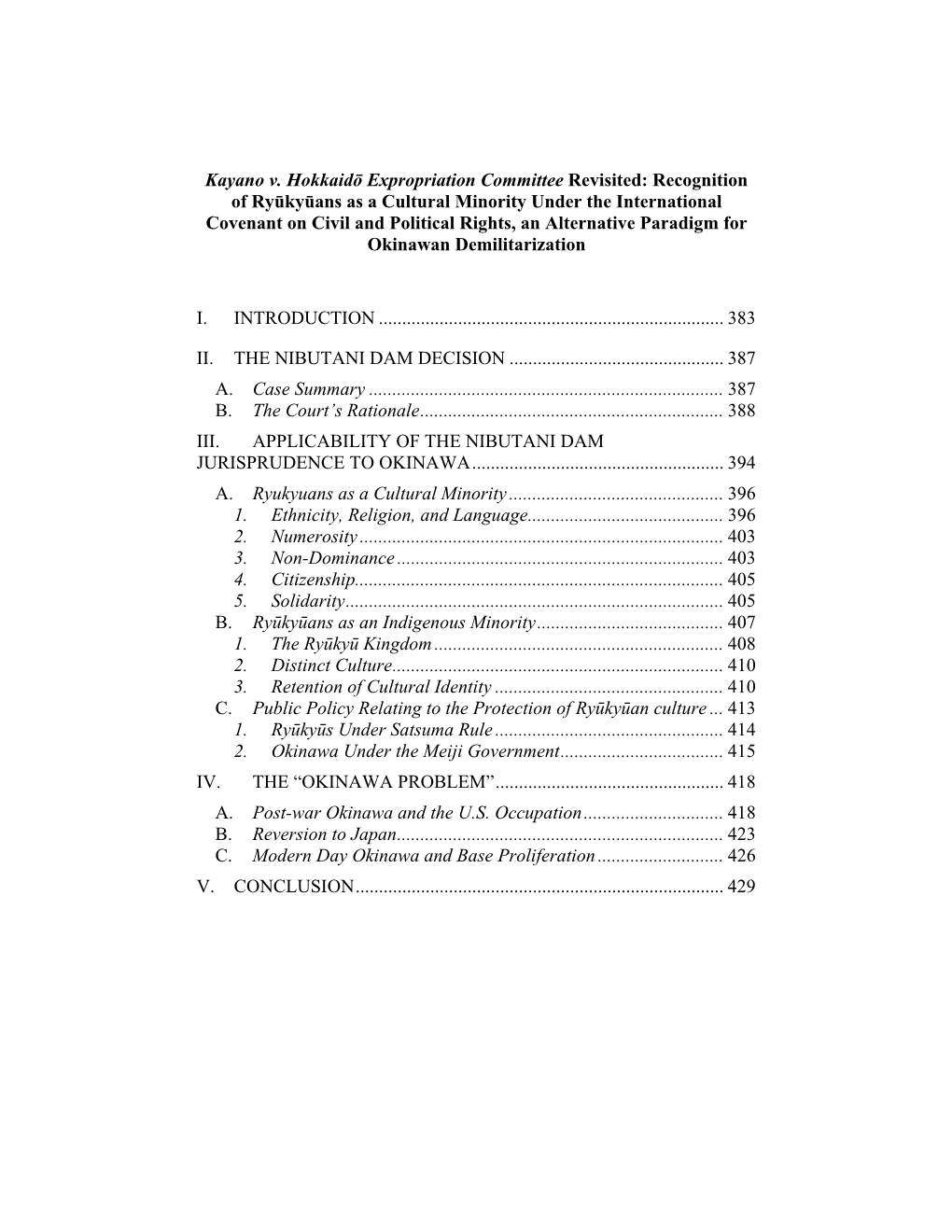 Kayano V. Hokkaidō Expropriation Committee Revisited: Recognition of Ryūkyūans As a Cultural Minority Under the Internationa