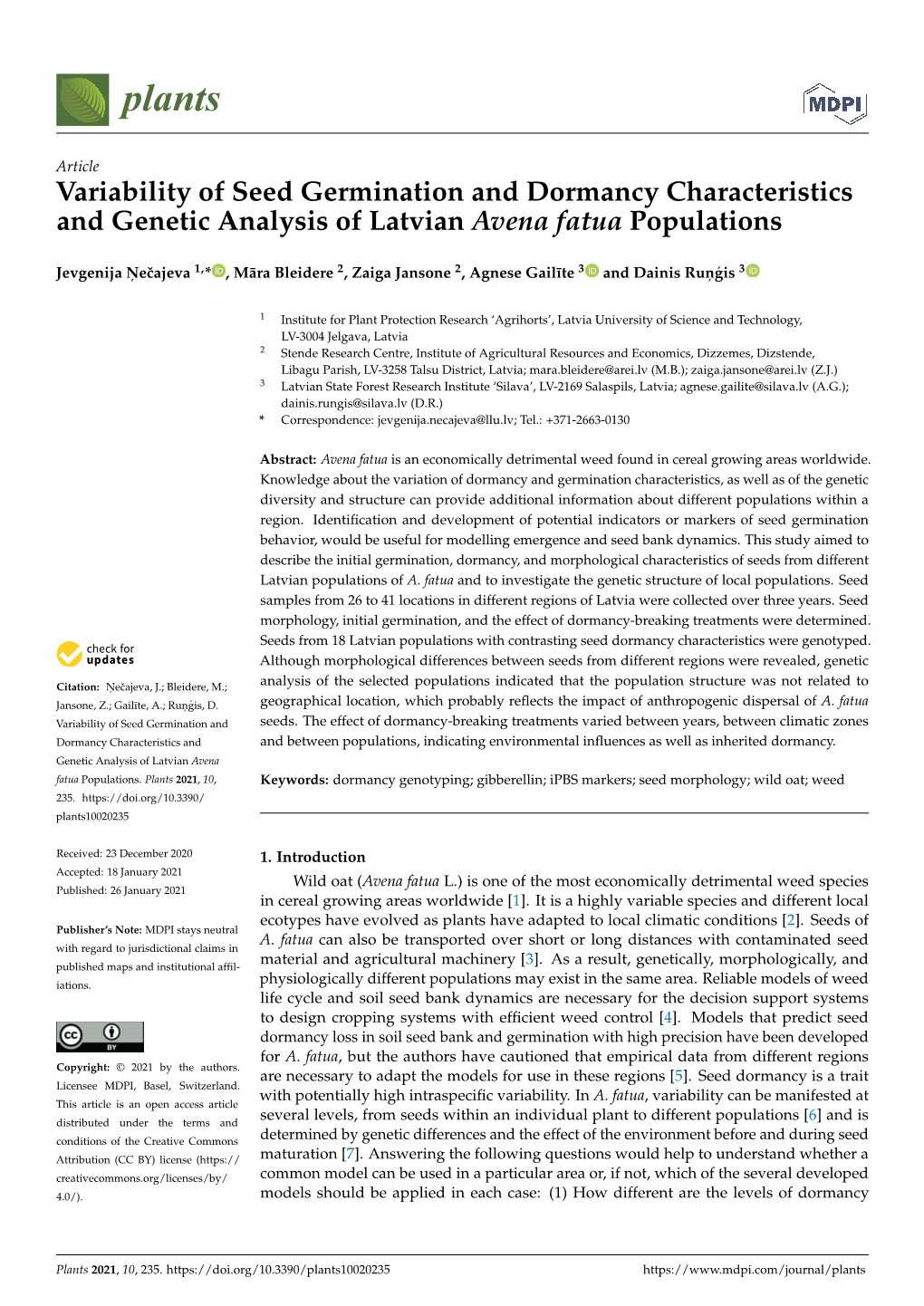 Variability of Seed Germination and Dormancy Characteristics and Genetic Analysis of Latvian Avena Fatua Populations