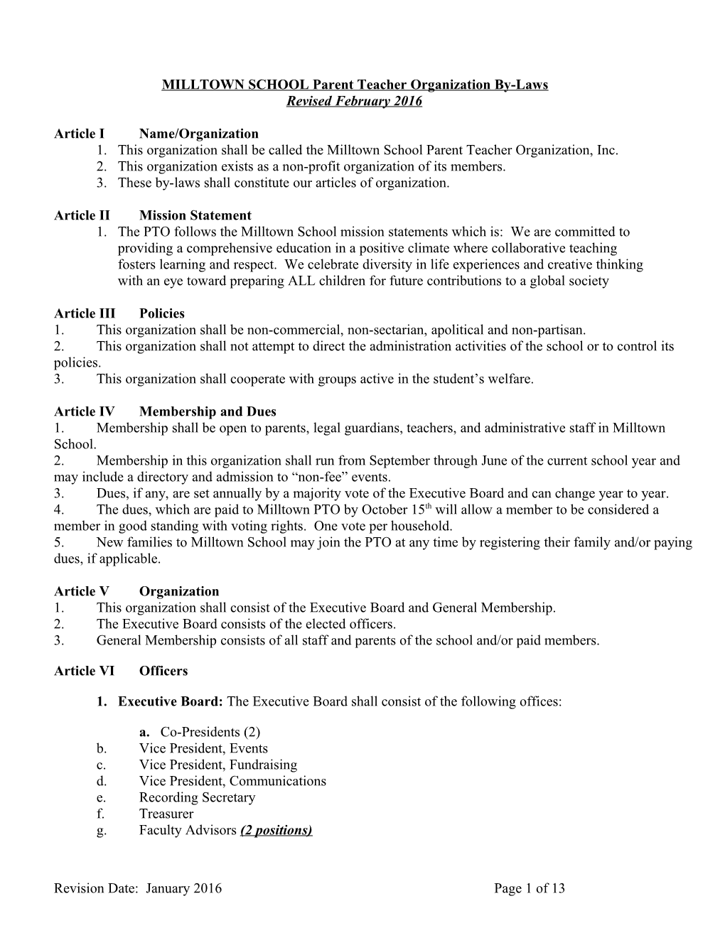 MILLTOWN SCHOOL Parent Teacher Organization By-Laws