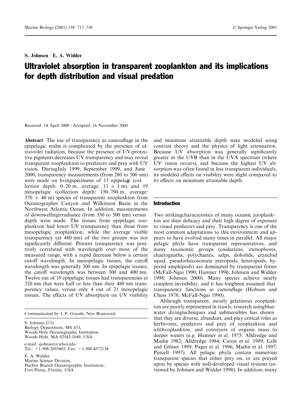 Ultraviolet Absorption in Transparent Zooplankton and Its Implications for Depth Distribution and Visual Predation