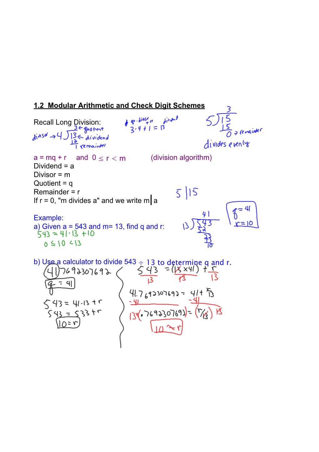 1.2 Modular Arithmetic and Check Digit Schemes Recall Long Division