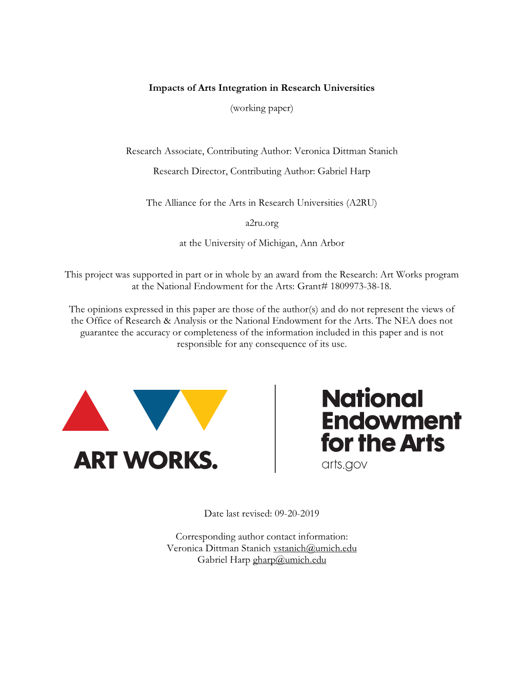 Impacts of Arts Integration in Research Universities (Working Paper)
