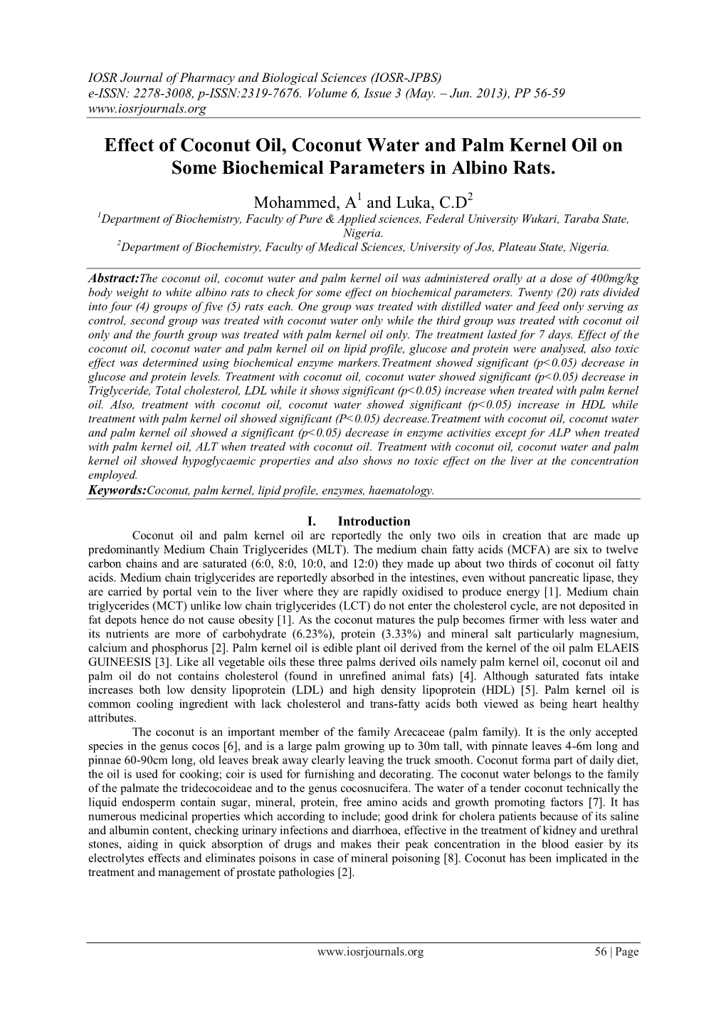 Effect of Coconut Oil, Coconut Water and Palm Kernel Oil on Some Biochemical Parameters in Albino Rats