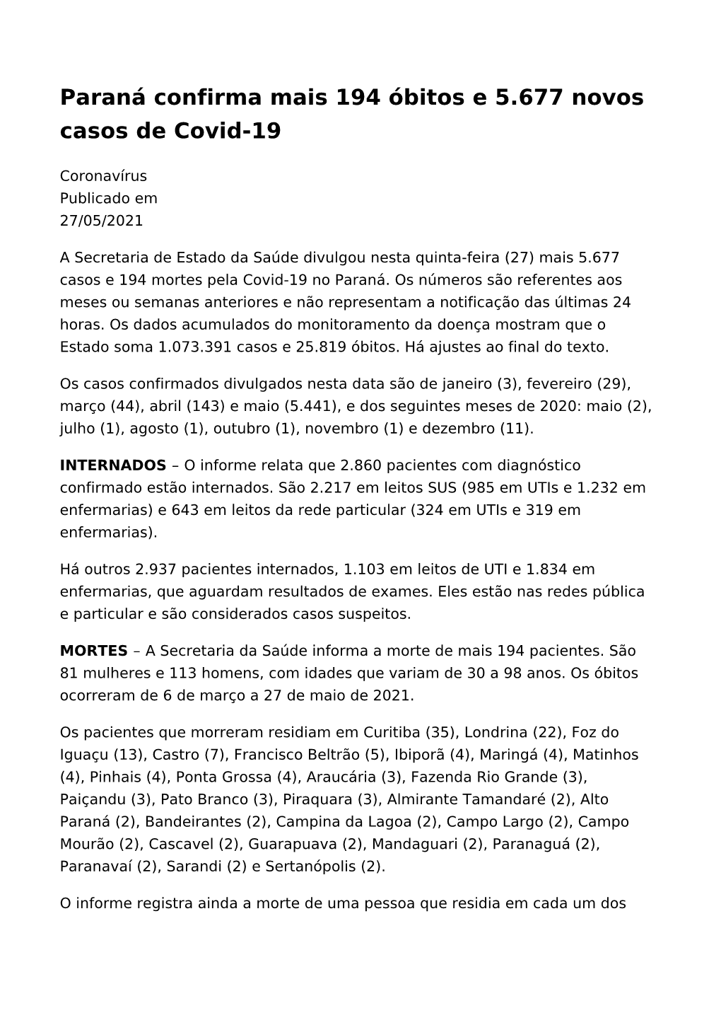 Paraná Confirma Mais 194 Óbitos E 5.677 Novos Casos De Covid-19