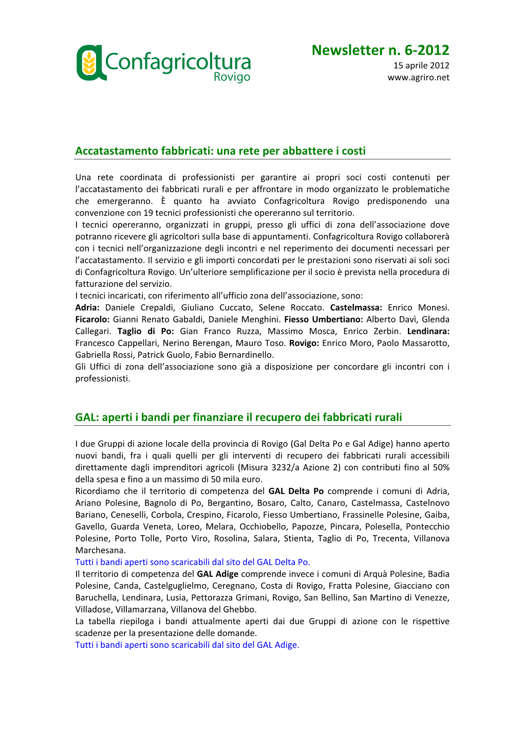 Newsletter N. 6-2012 15 Aprile 2012