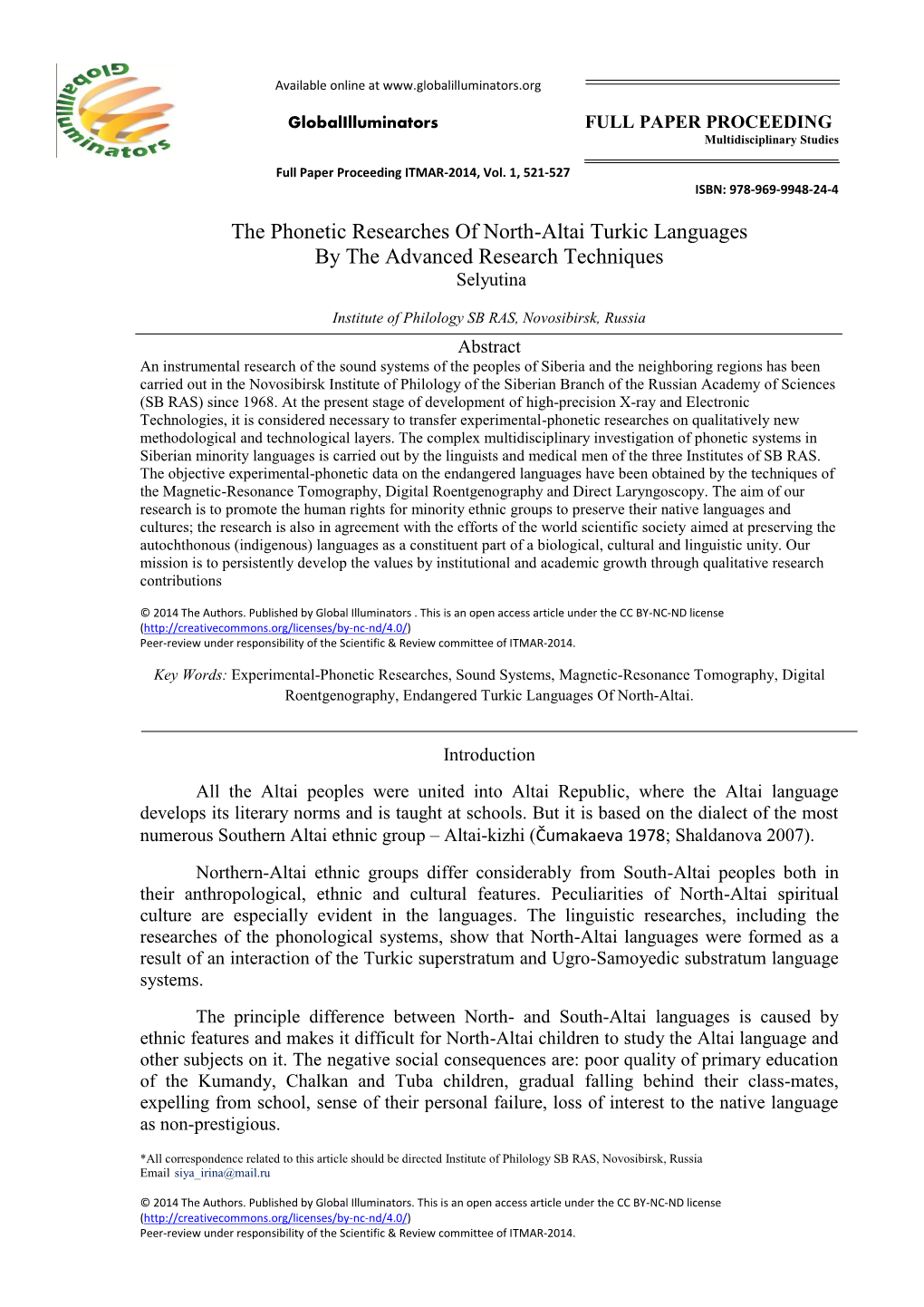 The Phonetic Researches of North-Altai Turkic Languages by the Advanced Research Techniques Selyutina