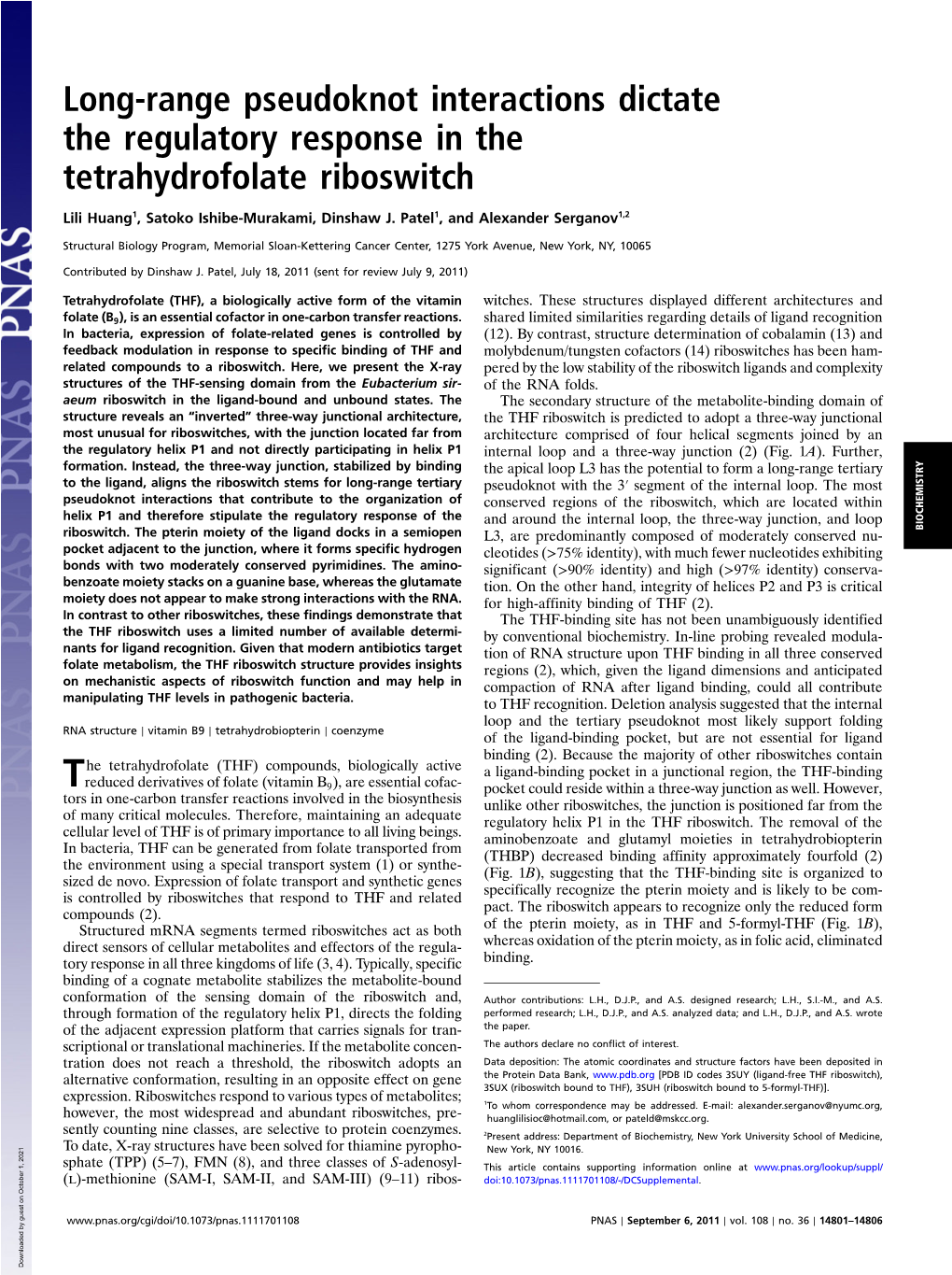 Long-Range Pseudoknot Interactions Dictate the Regulatory Response in the Tetrahydrofolate Riboswitch