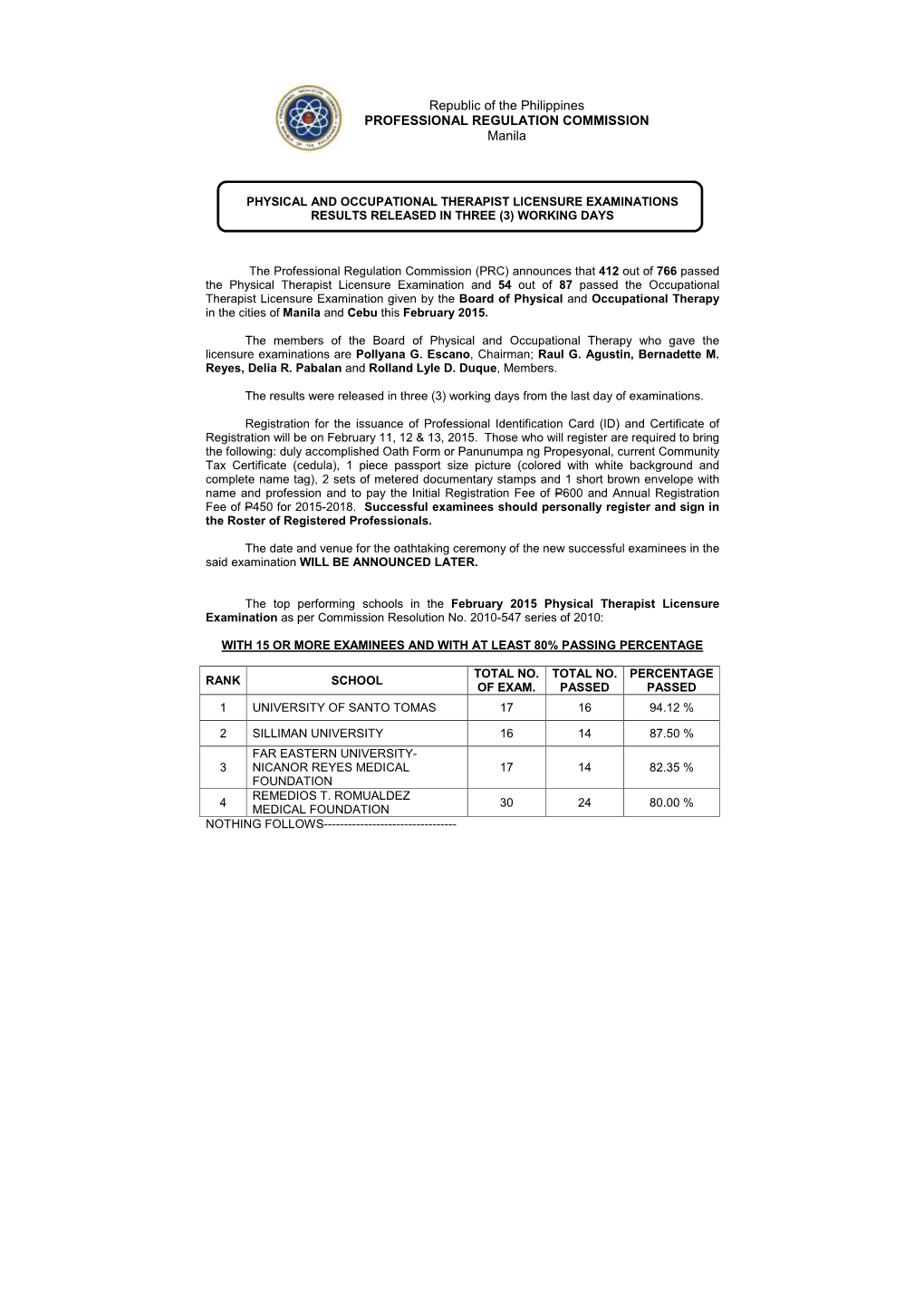 Full Text of the Official Result of February 2015 Physical Therapist