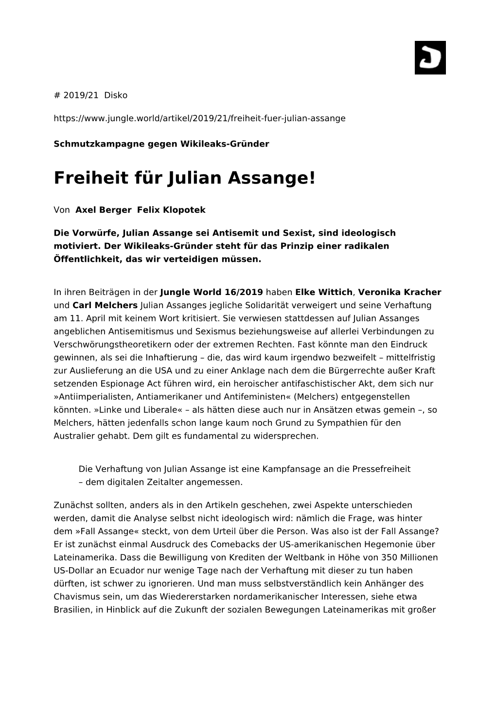 Freiheit Für Julian Assange!