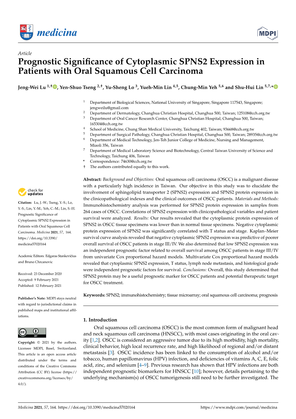 Prognostic Significance of Cytoplasmic SPNS2 Expression in Patients with Oral Squamous Cell Carcinoma