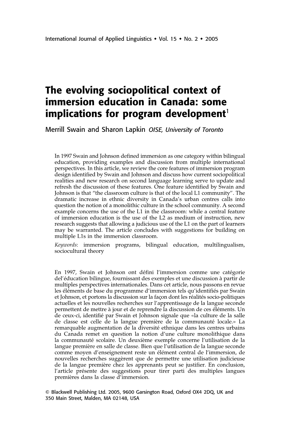 The Evolving Sociopolitical Context of Immersion Education in Canada: Some Implications for Program Development1