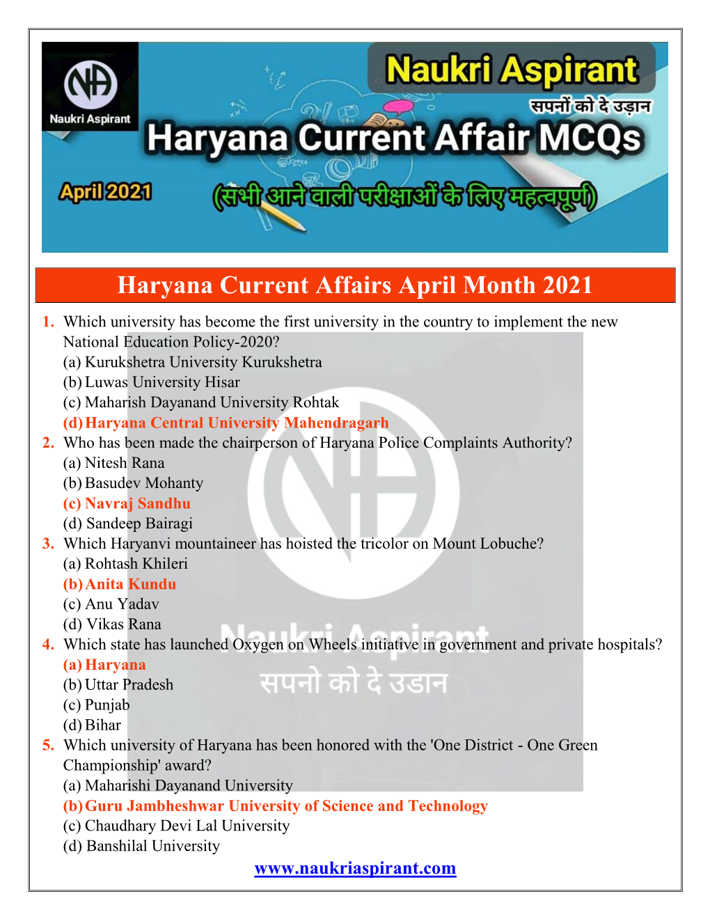 Haryana Current Affairs April Month 2021 1