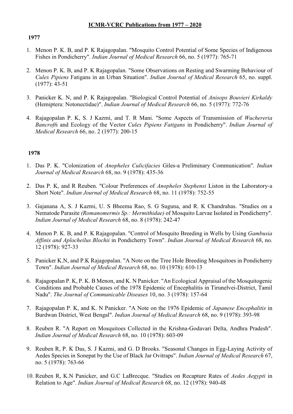 ICMR-VCRC Publications from 1977 – 2020 1977