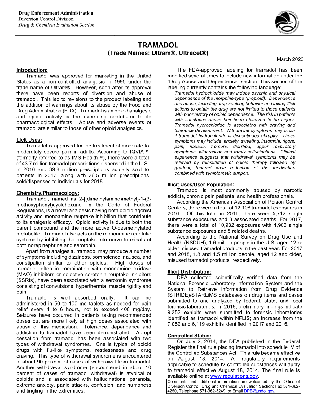 TRAMADOL (Trade Names: Ultram®, Ultracet®) March 2020