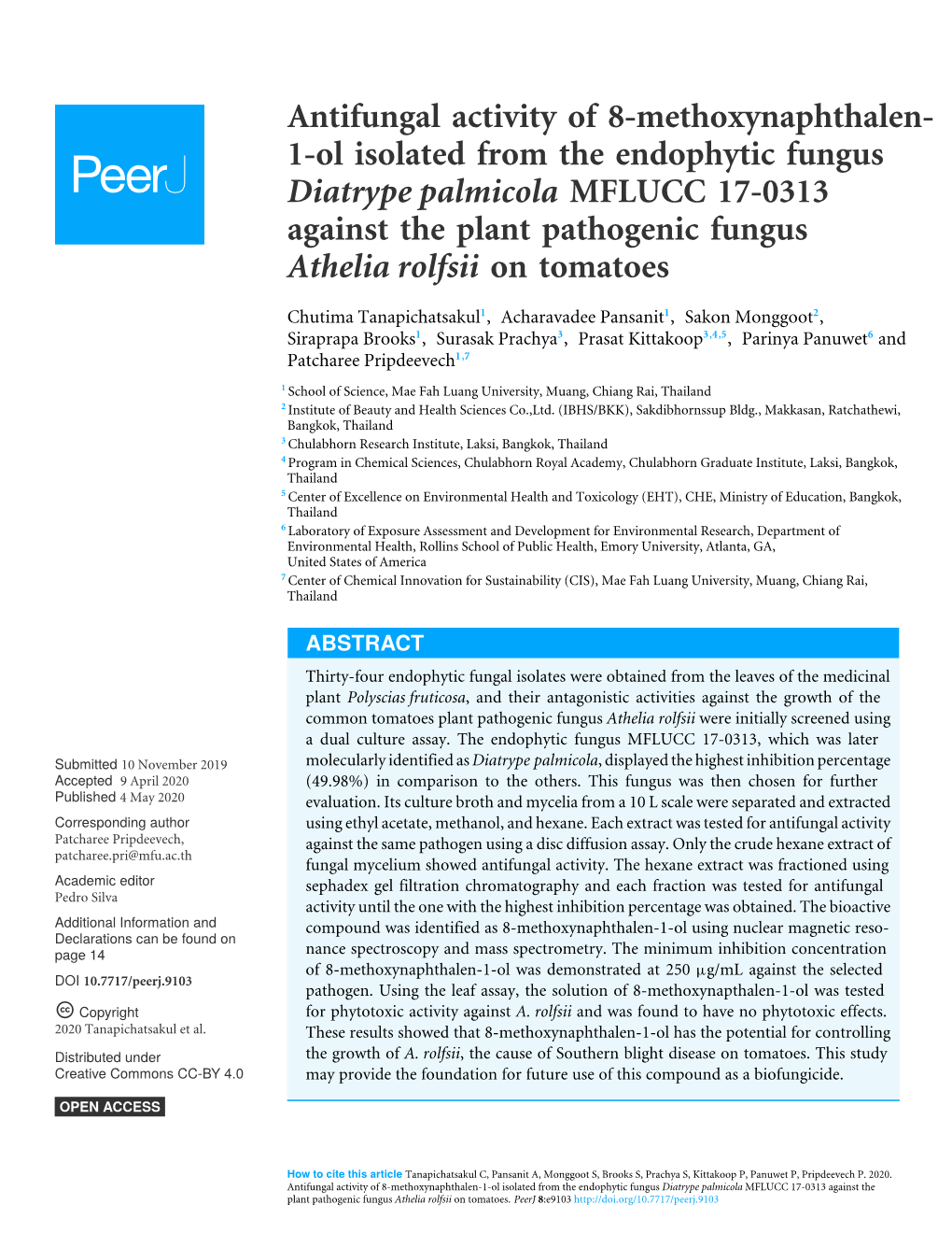 Antifungal Activity of 8-Methoxynaphthalen- 1-Ol Isolated from the Endophytic Fungus Diatrype Palmicola MFLUCC 17-0313 Against T