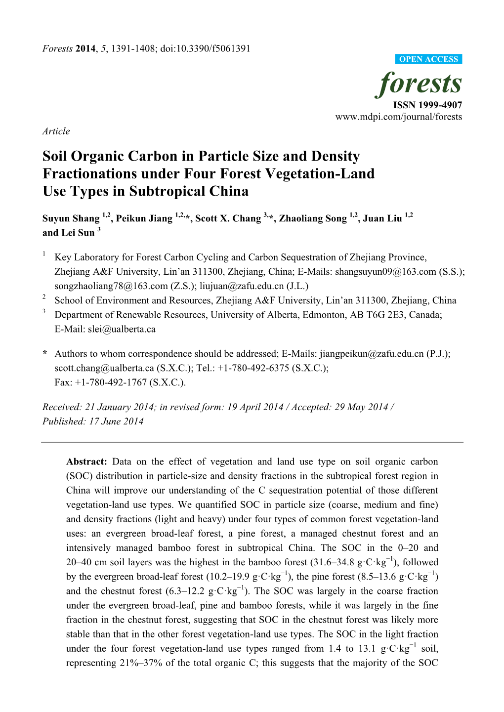 Soil Organic Carbon in Particle Size and Density Fractionations Under Four Forest Vegetation-Land Use Types in Subtropical China