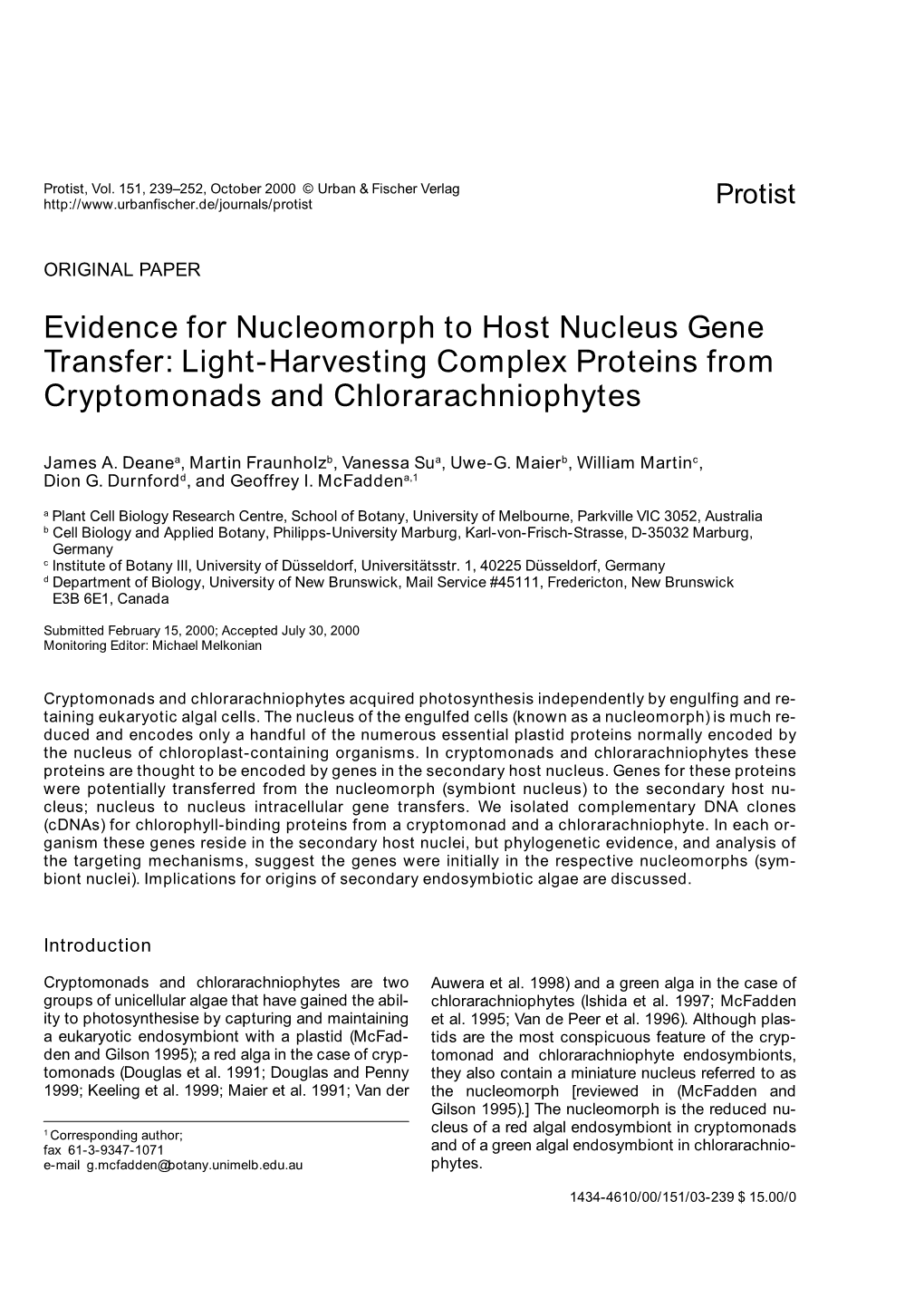 Evidence for Nucleomorph to Host Nucleus Gene Transfer: Light-Harvesting Complex Proteins from Cryptomonads and Chlorarachniophytes