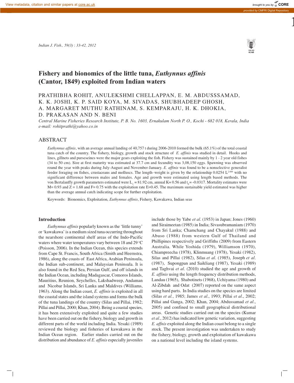 Fishery and Bionomics of Little Tuna Euthynnus Affinis