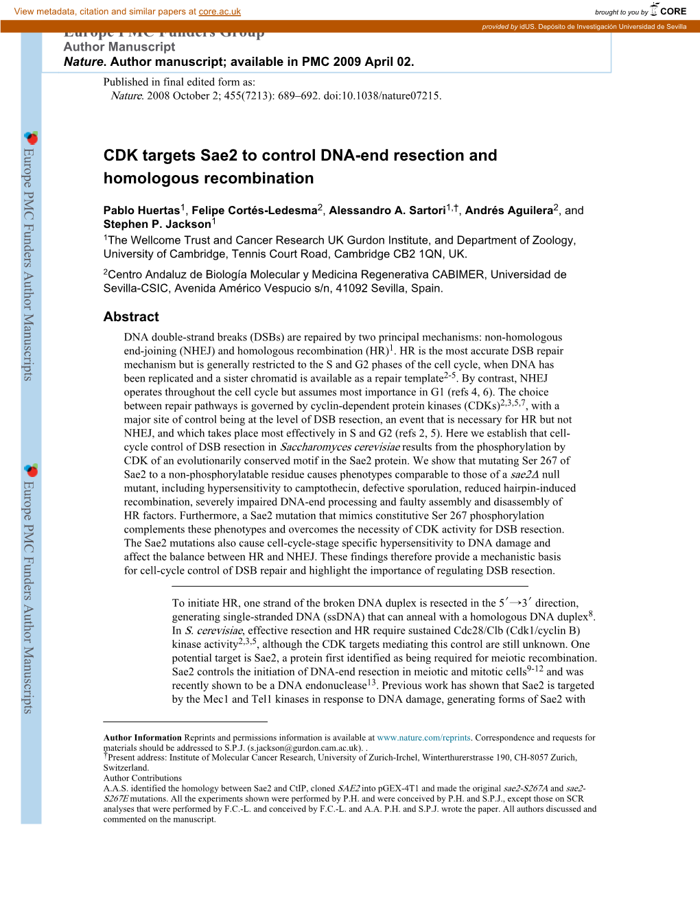 CDK Targets Sae2 to Control DNA-End Resection and Homologous Recombination