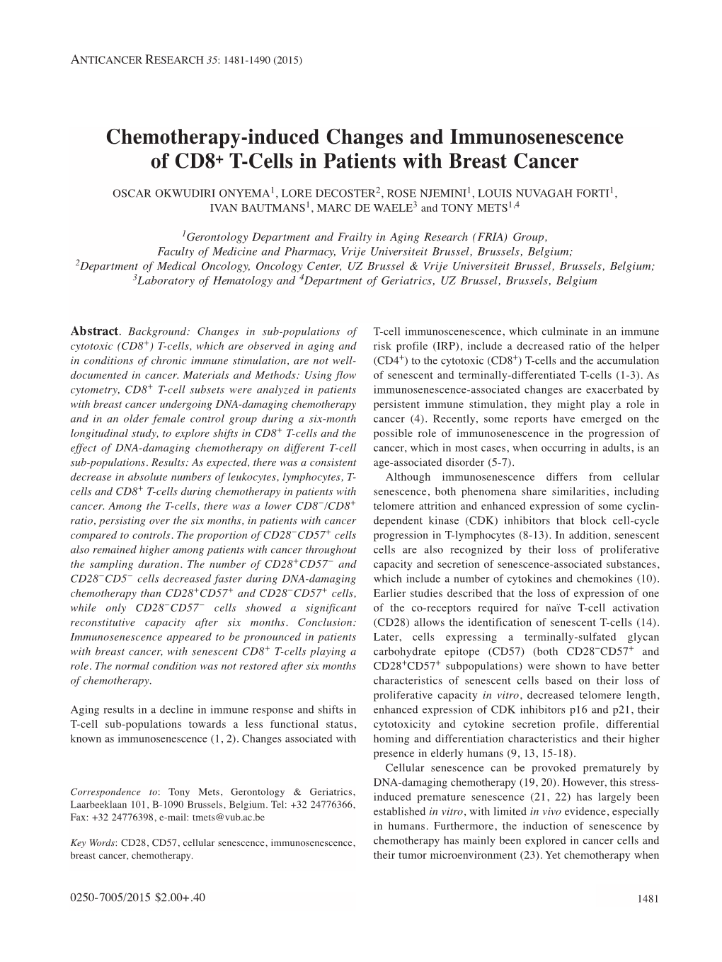 Chemotherapy-Induced Changes and Immunosenescence of CD8+ T-Cells in Patients with Breast Cancer