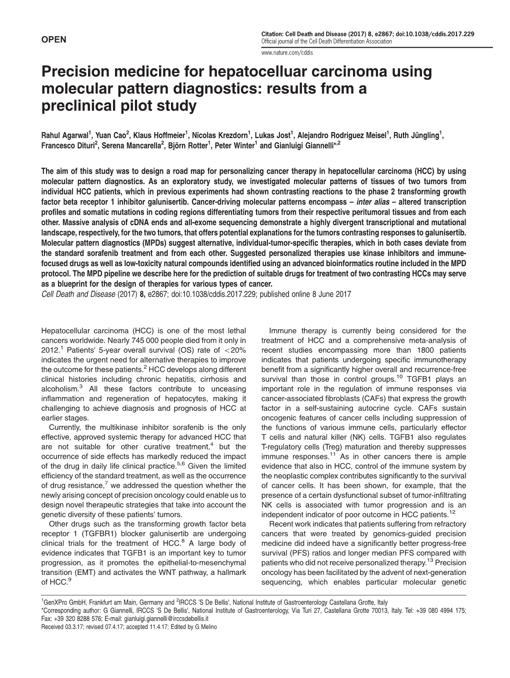 Precision Medicine for Hepatocelluar Carcinoma Using Molecular Pattern Diagnostics: Results from a Preclinical Pilot Study