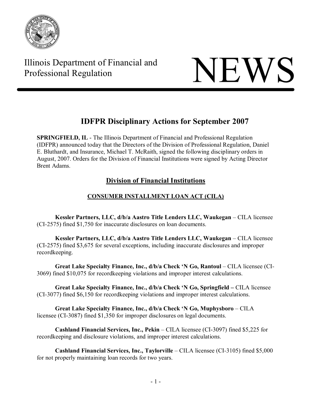 Illinois Department of Financial and Professional Regulation NEWS