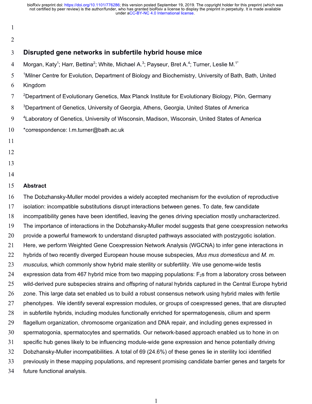 Disrupted Gene Networks in Subfertile Hybrid House Mice