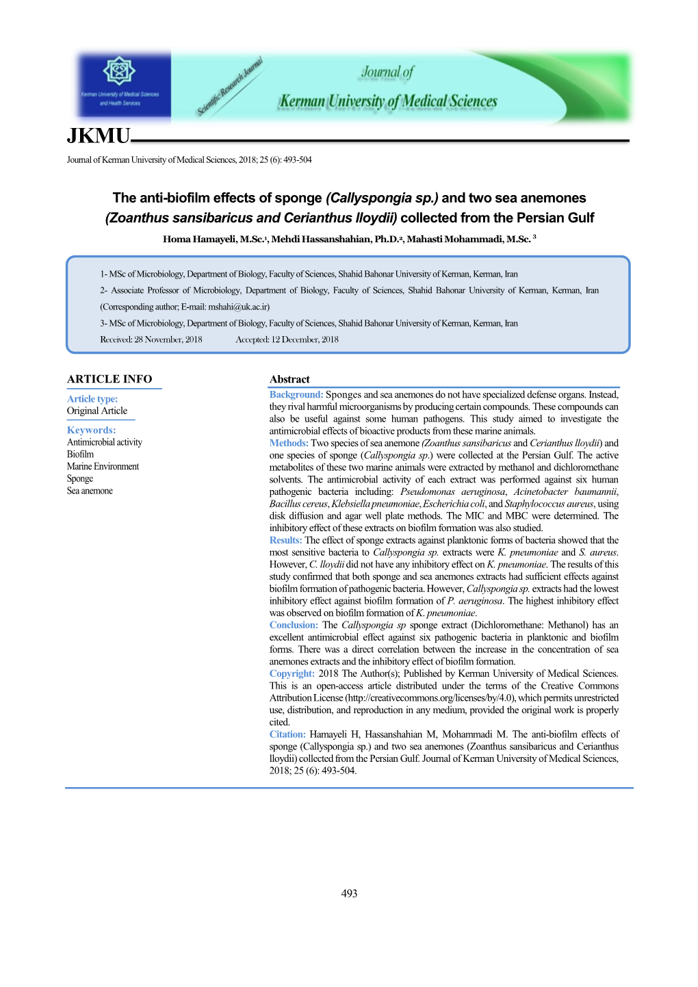 The Anti-Biofilm Effects of Sponge (Callyspongia Sp.) and Two Sea Anemones (Zoanthus Sansibaricus and Cerianthus Lloydii) Collected from the Persian Gulf