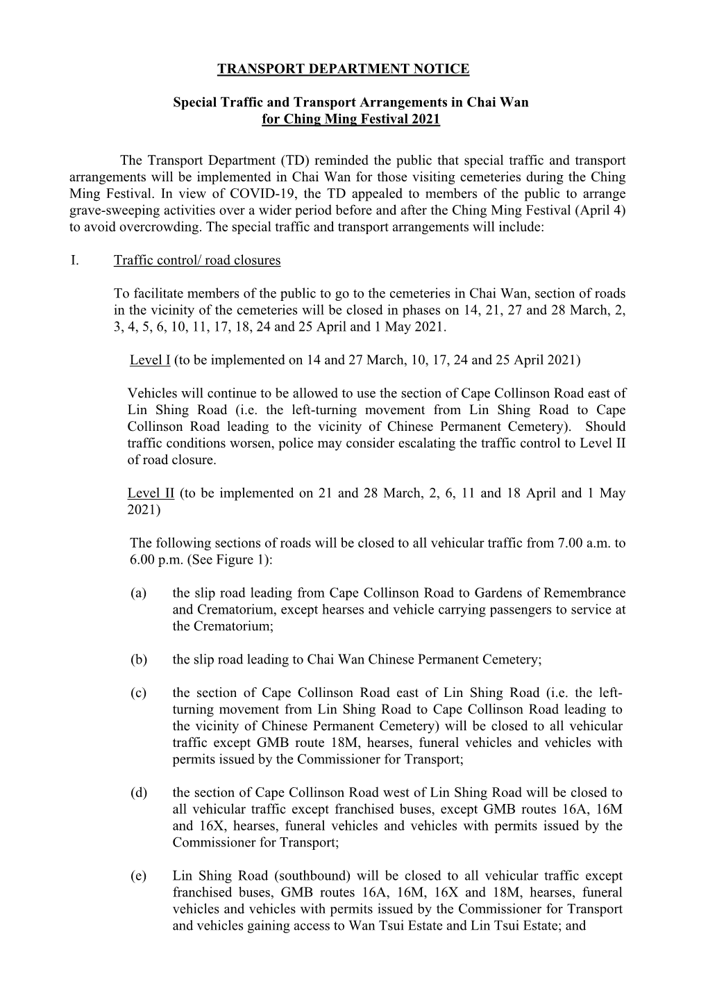 Special Traffic and Transport Arrangements in Chai Wan for Ching Ming Festival 2021