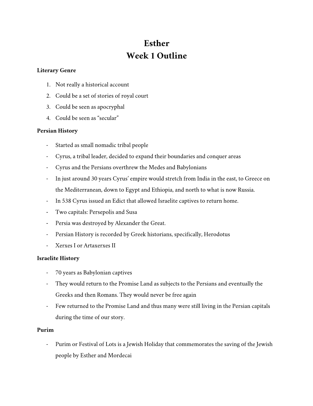 Esther Week 1 Outline