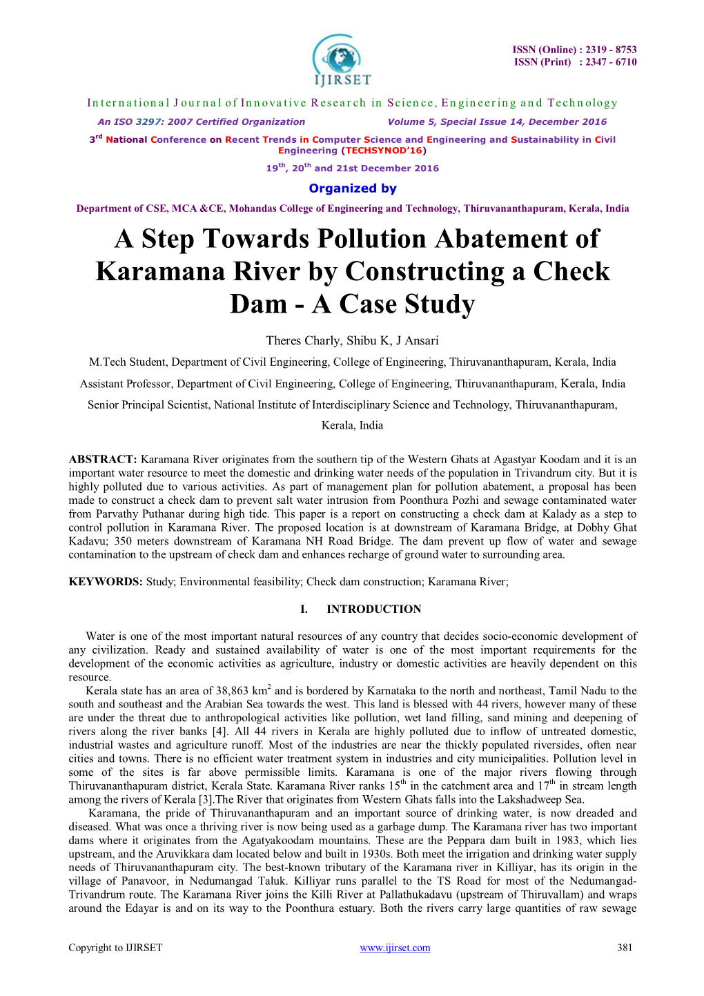 A Step Towards Pollution Abatement of Karamana River by Constructing a Check Dam - a Case Study