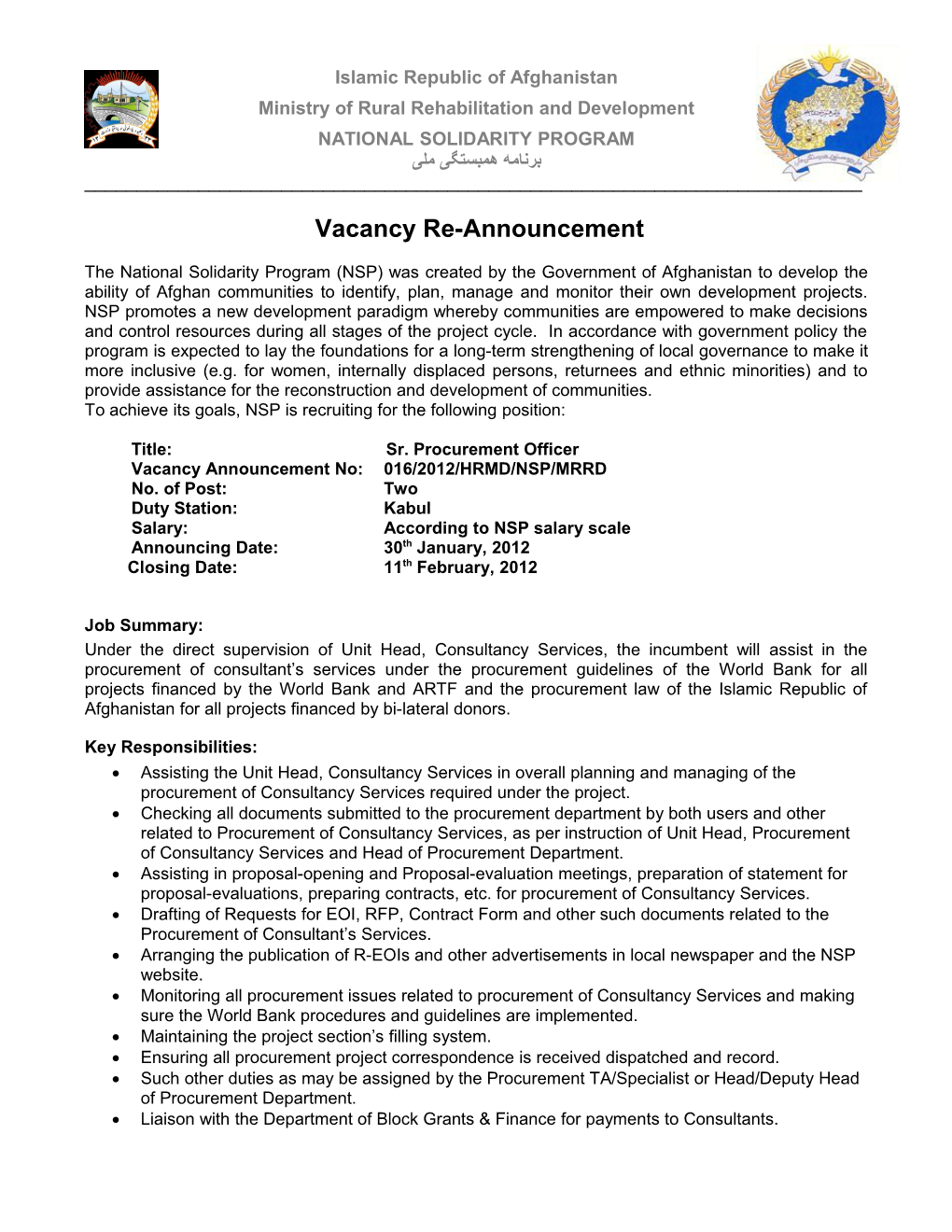 Vacancy Re-Announcement