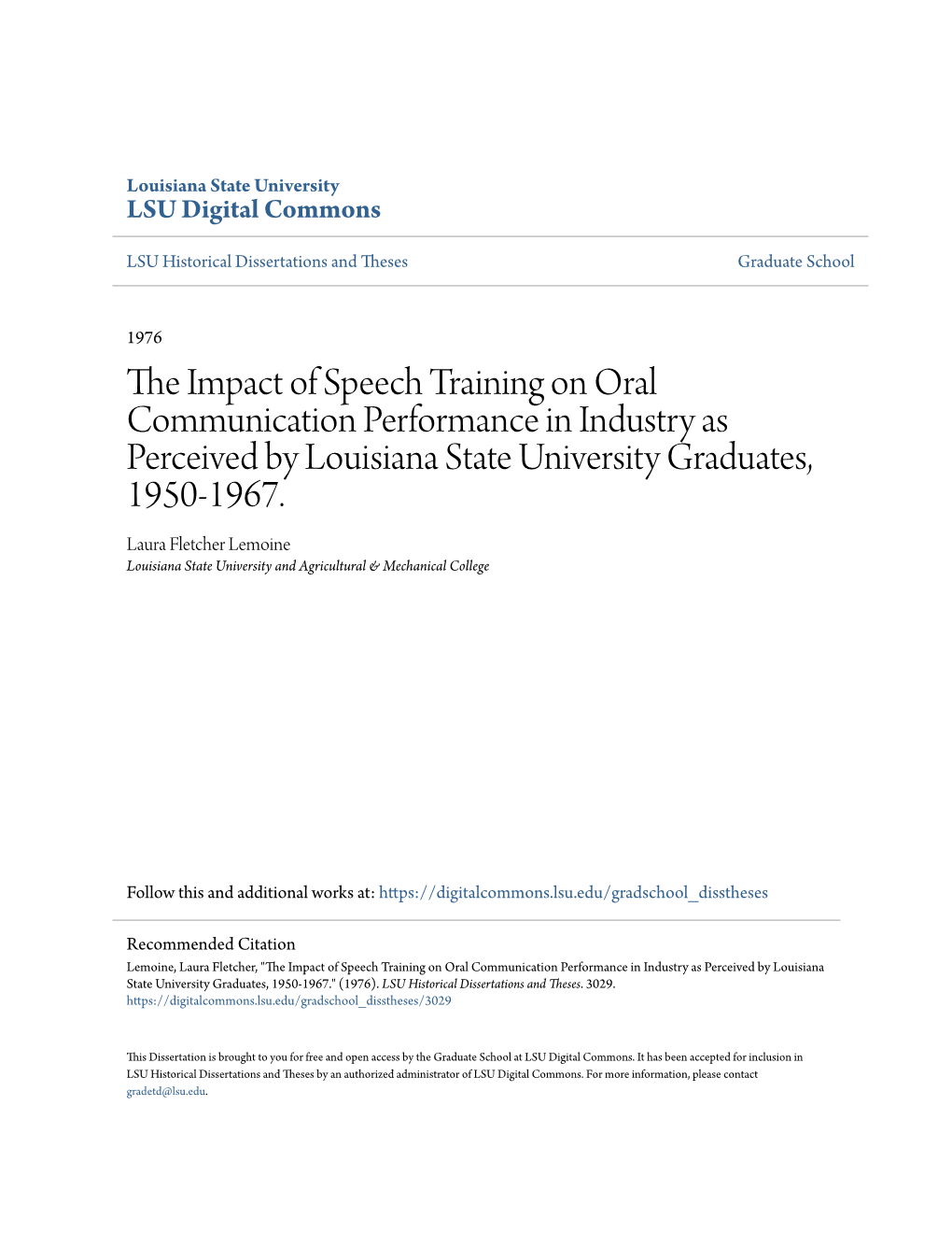 The Impact of Speech Training on Oral Communication Performance in Industry As Perceived by Louisiana State University Graduates, 1950-1967