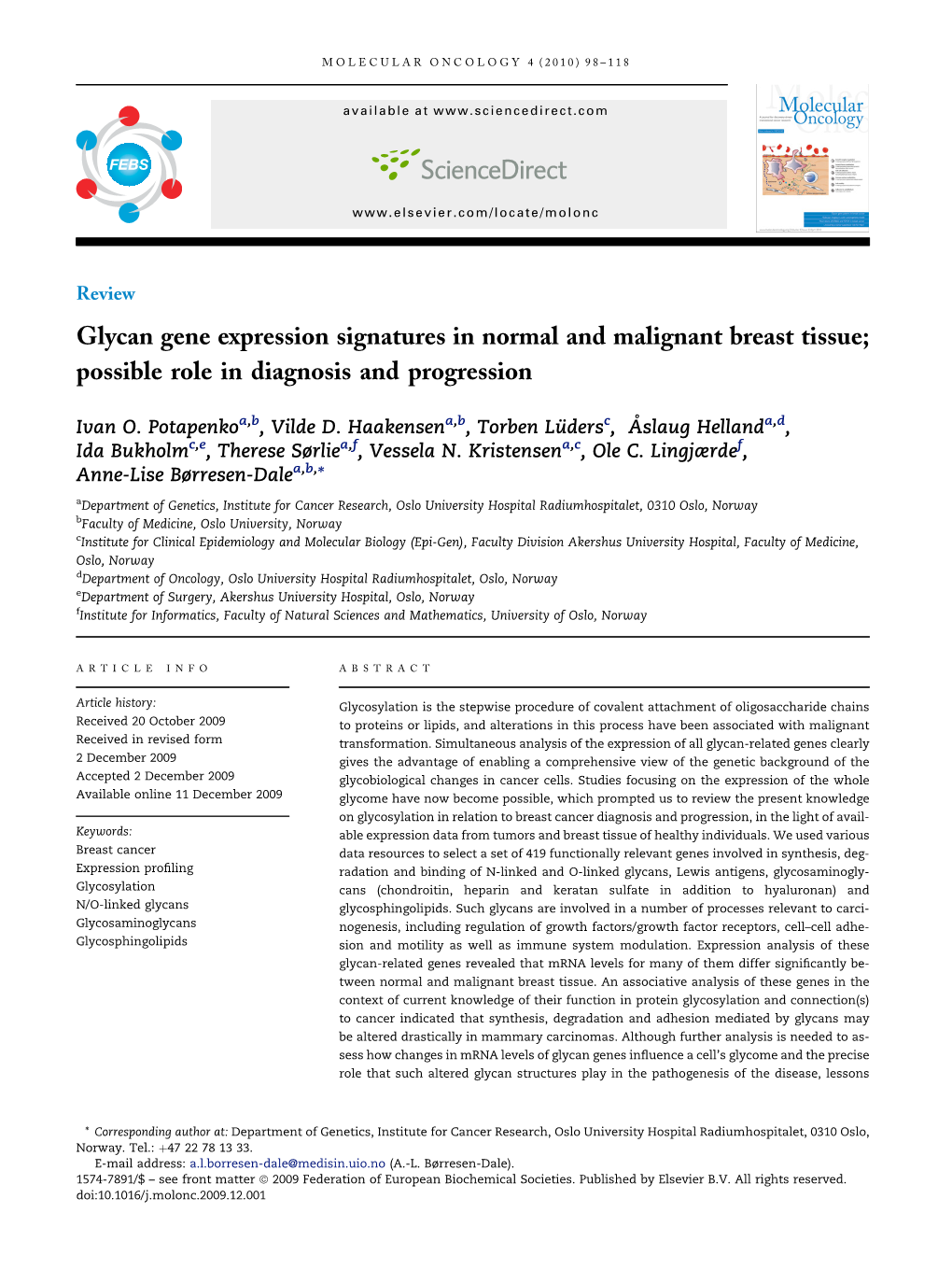 Glycan Gene Expression Signatures in Normal and Malignant Breast Tissue; Possible Role in Diagnosis and Progression