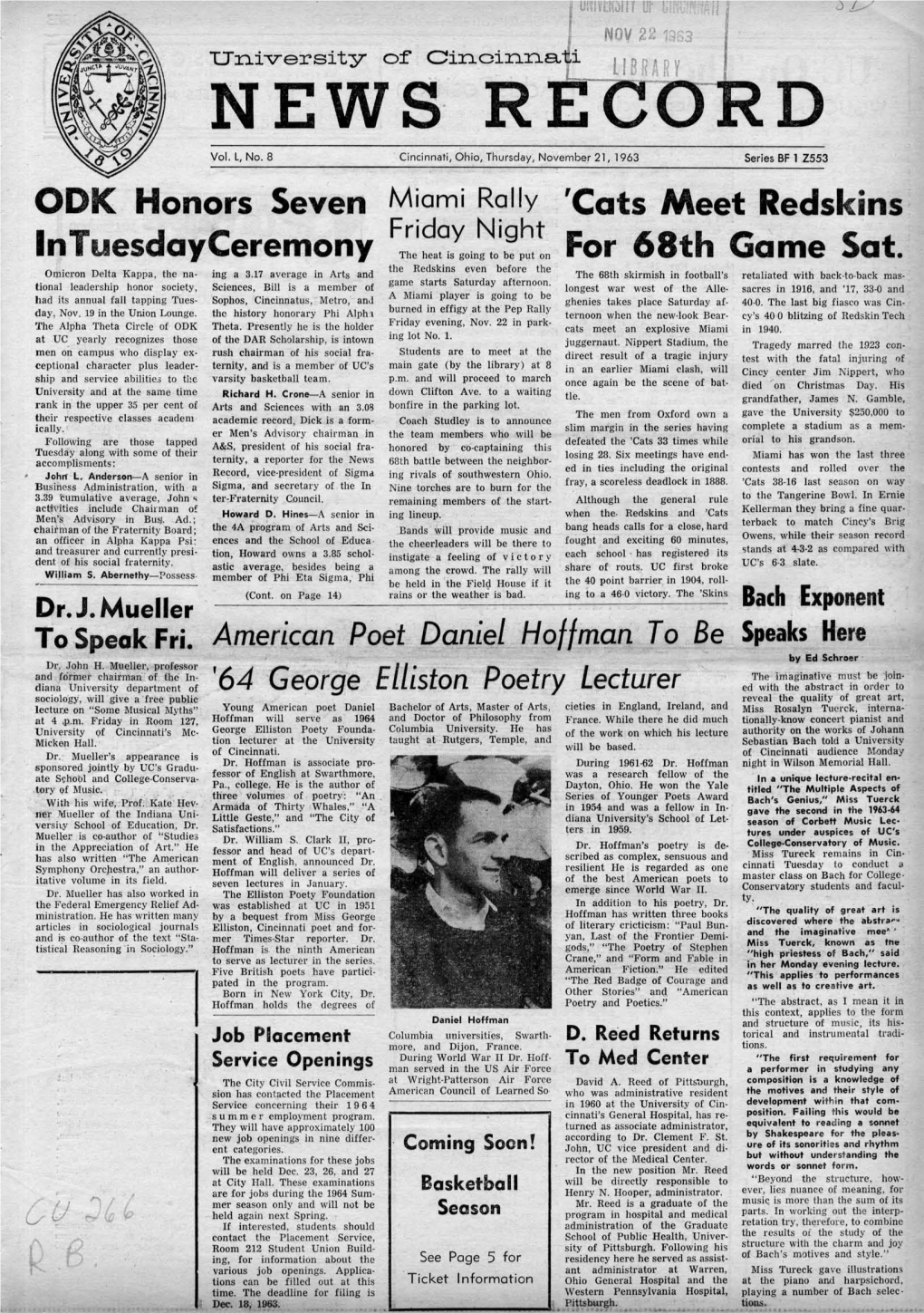 University of Cincinnati News Record. Thursday, November 21, 1963. Vol. L, No. 8