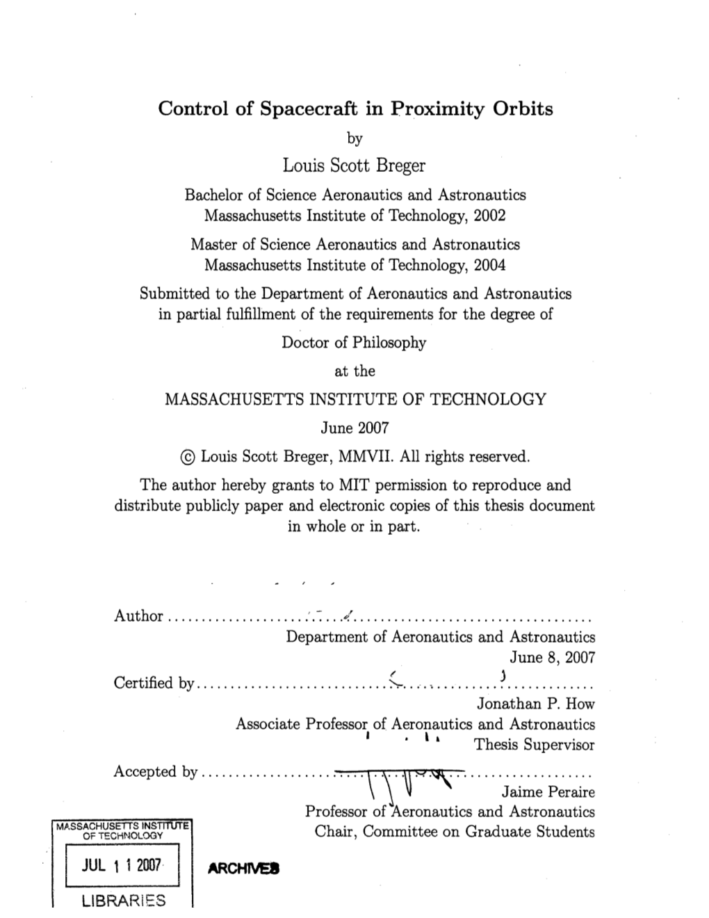 Control of Spacecraft in Proximity Orbits Louis Scott Breger