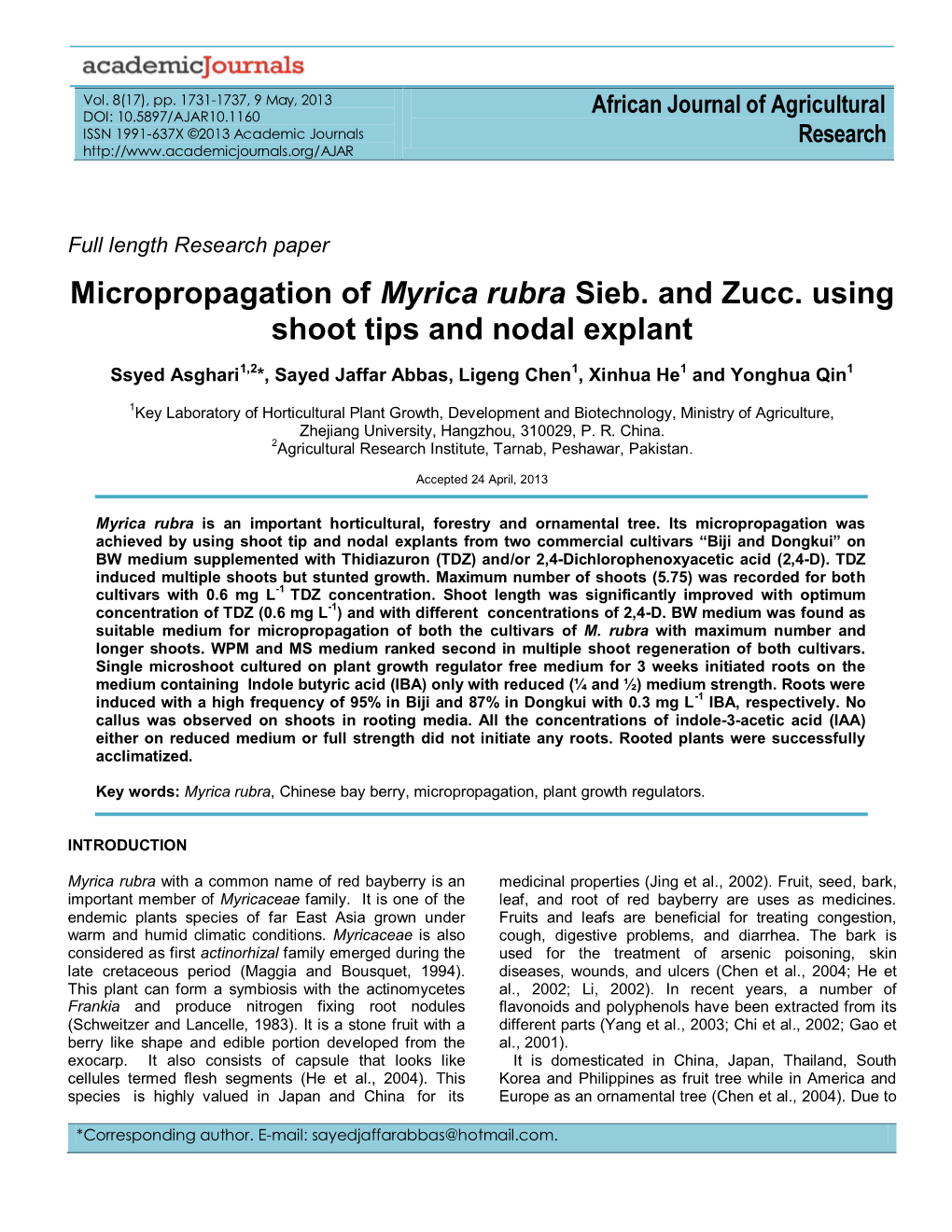 Micropropagation of Myrica Rubra Sieb. and Zucc. Using Shoot Tips and Nodal Explant